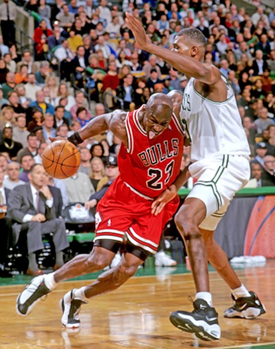 Michael Jordan Picture: MJ attacking the paint in a Bulls-Celtics game in 1997-98. Picture 28. Photo by Steve Lipofsky