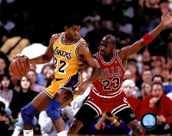 Michael Jordan defending Magic Johnson 